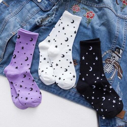 Shiny womens socks, white, purple, black constellation socks lovely Star Moon creative fashion street skateboarding socks