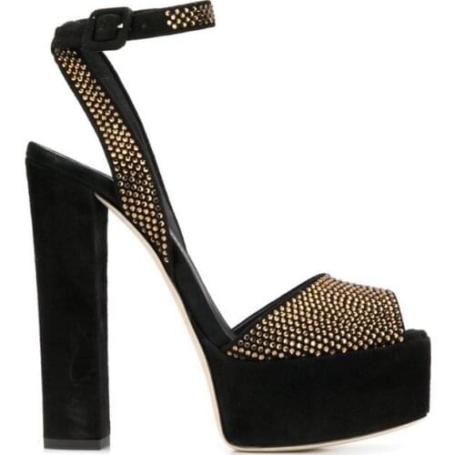 Sliver Black Rhinestone Chunky Heel Platform Buckle Sandals Woman Crystal Ankle Strap Peep Toe Fashion Wedding Sandals Shoes