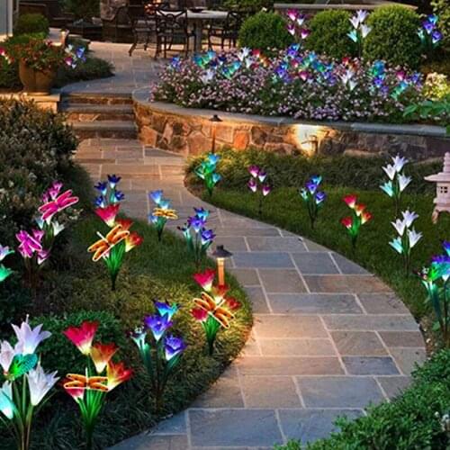 Solar Lily Lanterns For Garden Lights Butterfly Light Colorful LED Simulation Flower Lawn Lights Plug Light Dragonfly Lawn lamps