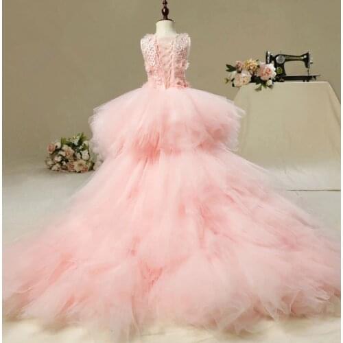Glizt Long Trailing Flower Girls Dresses for Wedding Pink Tutu Floral Kids Pageant Dress First Communion Dress Party Prom Dress