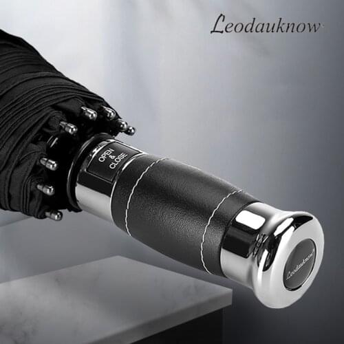 Hot Sale Umbrella Automatic 115cm Black Golf Big Umbrella Rain Leather Handle Business Man Umbrellas 10 Ribs Parasol Men Gifts