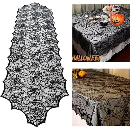 Hallowen Spider Tablecloth Black Lace Cobweb Fireplace Cover Table Runner for Halloween Home Event Party Decoration Props