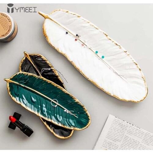 YMEEI Leaf Shape Ceramic Plate Gold Porcelain Dessert Plate Dish Dinnerware Sushi Tableware Feather Storage Tray
