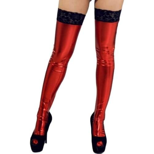 Lace Patchwork PU Faux Leather Shiny Stocking Red Black Hot Sexy Over Knee Stockings Night Club Erotic Wear Pole Dance Clubwear