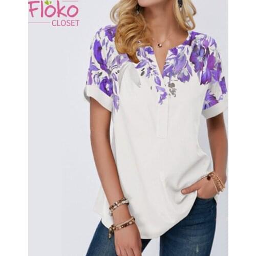 Flokocloset Summer Casual Tee Short Sleeve Women T-Shirts Flower Print Street Tops V-Neck Loose TShirts