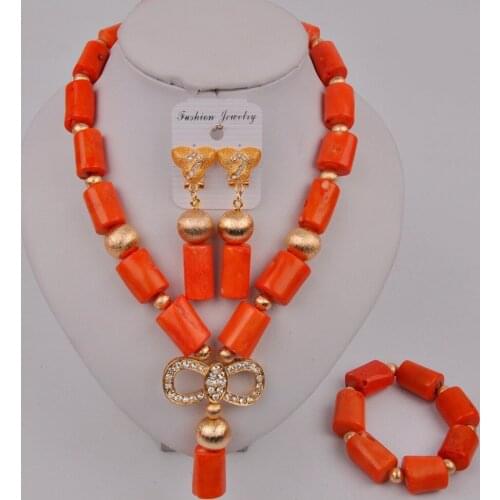 Fashion Nigerian Wedding Orange Coral Beads African Coral Necklace Jewelry Set 12-C-04
