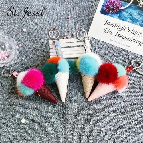 ST.Jessi 2019 New Fashion Brand Real Mink Fur Monster Ice Cream Cone Leather Keychain Keyring Bag Charm Car Key Ring Pendant