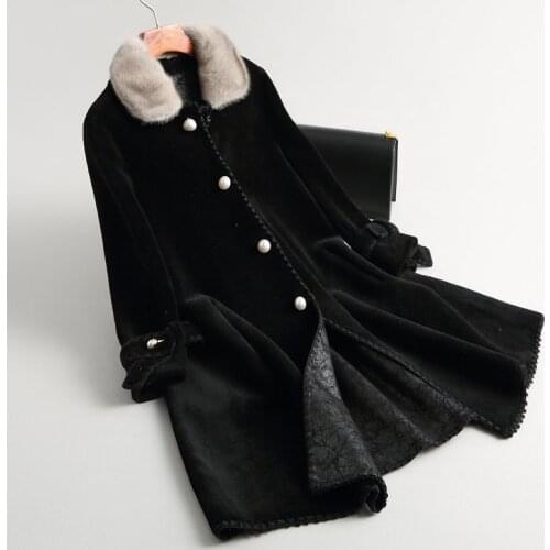 Luxury Sheep Shearling Coats New 2020 Women Winter Female Jacket Real Wool Coat With Natural Mink Fur Collar 17309