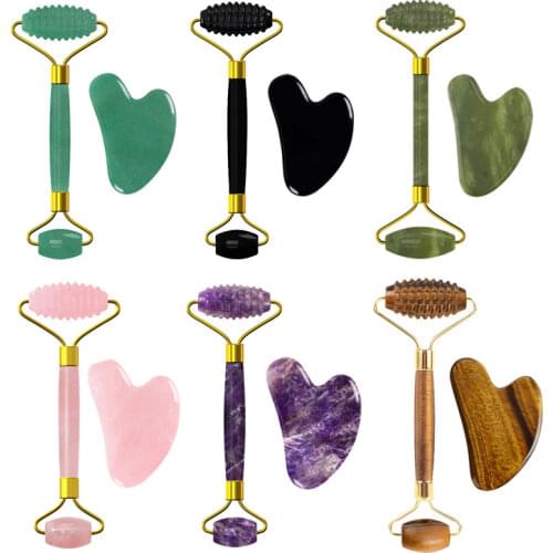 Rose Quartz Gouache Scraper Jade Roller And Gua Sha Scraper Facial Massager Slimming Face Wrinkle Removal Beauty Skin Care Tools