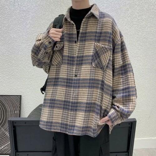 Autumn 2021 Fashion Retro Plaid Shirts For Men Long Sleeve Casual Blouse Plus Size Mens Oversized Checked Shirt Tops Hip hop