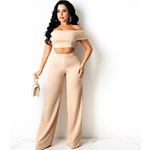 Sexy Off Shoulder 2 Piece Set Women Elegant Formal Crop Tops High Waist Wide Leg Pants Suits Office Lady Party Club Outfits