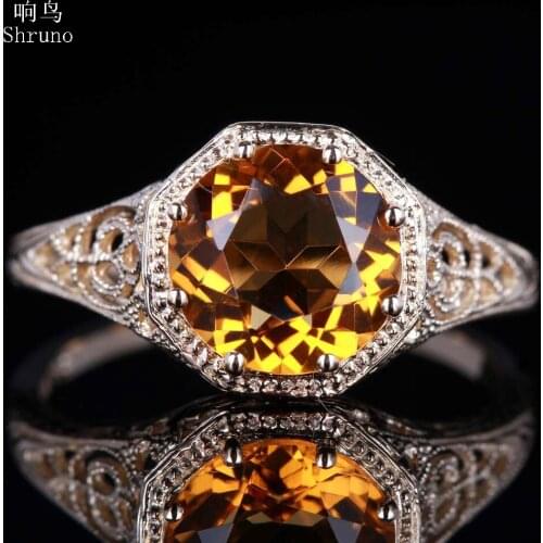 Shruno Solid 10K Yellow Gold Flawless Round 7.5mm Natural Citrine Genstone Ring Women Engagement Wedding Party Trendy Jewelry