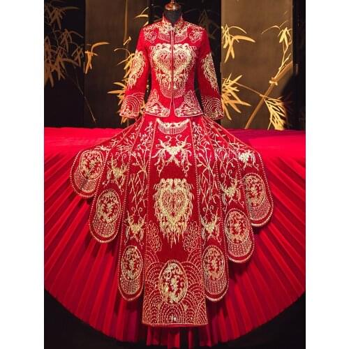 Wedding Dress Bride Red Embroidery Chinese Traditional Banquet Costume Classic Cheongsam China Qipao костюм для восточных