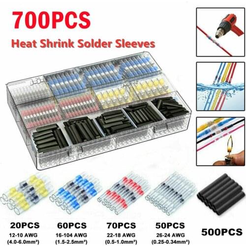 700/100Pcs Solder Seal Wire Connectors Heat Shrink Butt Connector Waterproof Soldering Sleeve Splice Terminals Automotive Marine