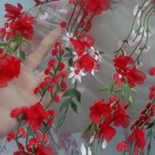 1.5m wide three-dimensional red flower mesh embroidery dress fabric DIY clothing dress skirt material