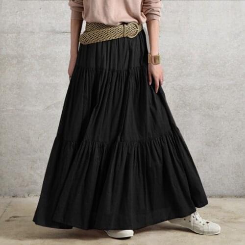 Spring Vintage Elastic Waist Solid Long Skirt Women DA Faldas Saia Female Ruffles Maxi Sundress Fashion Casual Jupe Vestidos