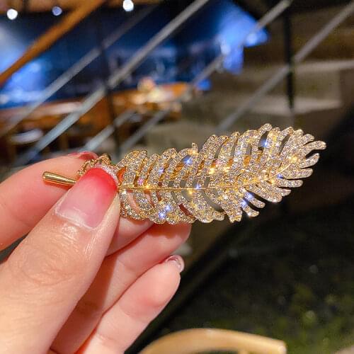 Popular Textured Leaf Simulated Pearl Feather Alloy Hair Clip Bobby Pin Girls Hair Accessary Girl Rhinestone Hair Claw Leaf