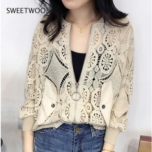 Women Long Sleeve Lace Embroidery Hollow Out Jacket Korean Fashion Short Outwear White Bomber Women Sunproof Coat Tops