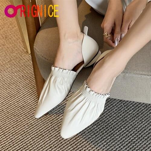 Orignice New Arrival Pleated Design Women Genuine Leather Flats Slip On Solid Color Round Toe Casual Street Shoes Handmade