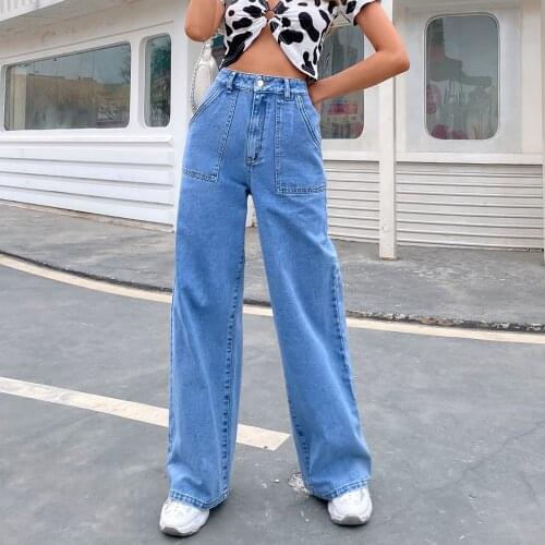 Female Casual Long Jeans Girls Solid Color High Waist Trousers Straight-Leg Pants with Pockets