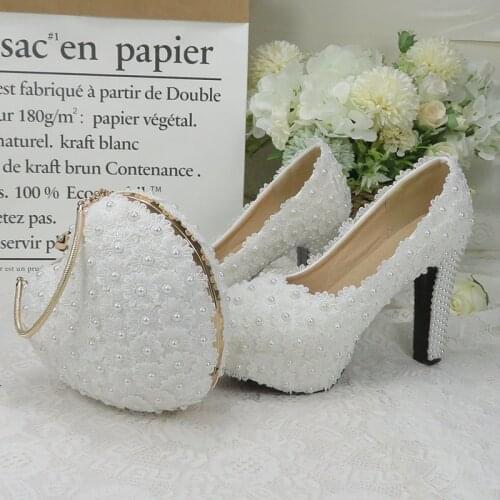 BaoYaFang White Royal Blue Flower Wedding shoes and bags sets Ladies Platform shoes woman High heel shoes Thick Heel heart purse