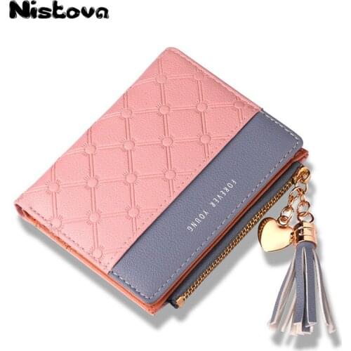 Womens New PU Short Wallet Plaid Contrast Color Stitching Short Wallet Tassel Zipper Clasp Clutch Bag Multi-card Position Purse