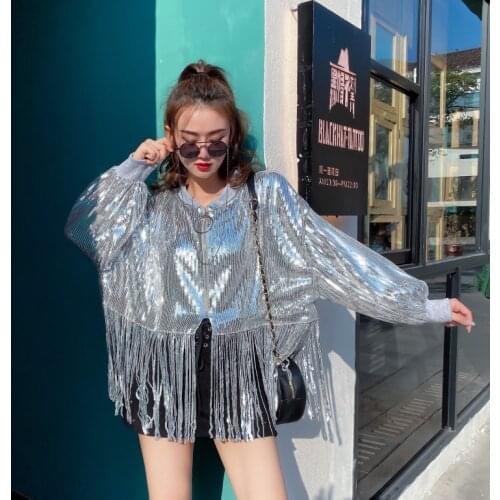 Black Gold Silver Red Blue Green Womens Sequined Top With Tassel Stitching Womens Sequined Round Neck Women Loose 2021 New