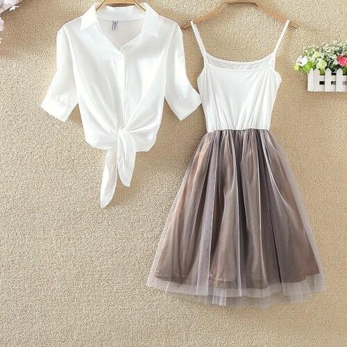 S-4xl White Shirt and Sling Tutu Dress Suit Women 2 Piece Summer Cute Dress Blue Pink Shirt and White Veil Dresses Plus Size 3xl