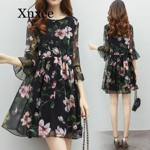 New Fall O-neck Mid Length Dress Womens Floral Chiffon Dress Casual Knee Length Elegant Dress Black Beach Boho Elegant O Neck