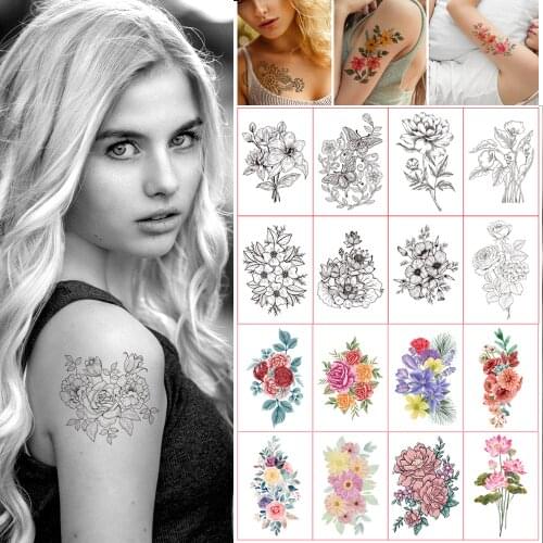 12pcs Temporary Tattoos for Women Female Waterproof Sketch Black Red Flower Stickers Chest Waist Hand Arm Face Fake Tattoos