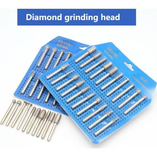 20PCS 6mm Diamond Point Burr Bits Head Dremel Accessories Shank Grinding Needle Carving Polishing Set Mounted Mini Drill Tools