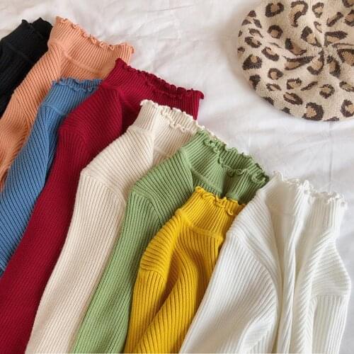 2021 Soft Frill Pullover Sweater Women knitted Half Turtleneck Sweater Female White Black Autumn Winter Ladies Jumper sweater Ne