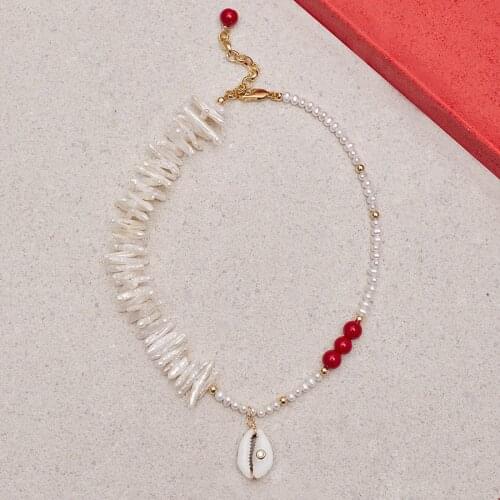 2021 fashion jewelry red beads Adjustable freshwater baroque pearl necklace Cubic Zirconia cowrie shell pendant necklaces women