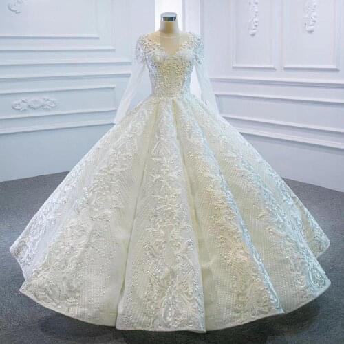 3D Lace Ball Gown Wedding Dress Long Sleeve Unique Lace Design Puffy Bridal Gown Lace Up Button Back Luxury Custom Made