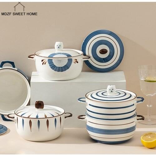 800ml Japanese Ceramic Instant Noodle Bowl With Lid Kitchen Soup Salad Bowl Microwave Oven Safe Underglaze Kitchen Tableware