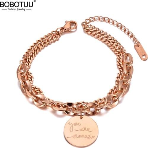 BOBOTUU Boho Titanium Stainless Steel You Are Amazing Charm Bracelets For Women Trendy Double Layer Chain Bracelet BB20153