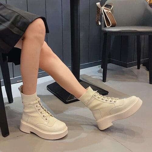 Short Boots women knit Ankle Boots platform shoes Ladies Genuine Leather Autumn fashion Elasticity Casual Round toe boots