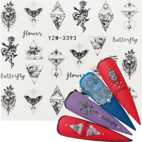 Flower Slider Nail Sticker Water Transfer Black Floral Insect Decals Nail Art Tattoo Manicure Wraps Decoration Accessories