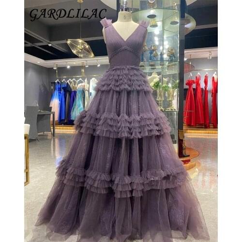 Gradlilac Long V-Neck Tiered Tulle Tutu Prom Dresses Floor Length Pleated Tulle Evening Dresses For Woman Wedding Dresses 2021