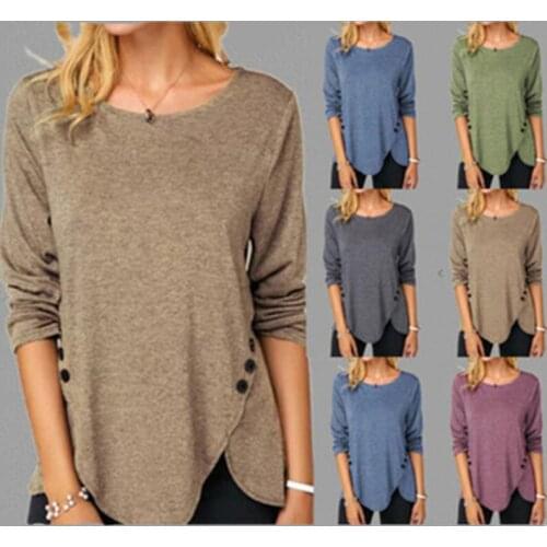 Autumn Womens Loose Cotton Solid Irregular Double Breasted Hem Long Sleeve Round Neck Casual LARGE T-SHIRT Womens Wear