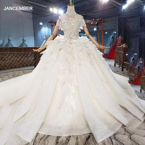 HTL1902 Ball-Gown Beading Crystal Luxury Wedding Dress 2020 Short Sleeve High Neck Lace Up Back Off The Shoulder