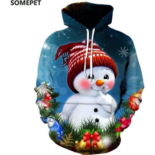 Christmas Snowman Print Hoodie Young Men and Women Fashion Christmas 3D Print Long Sleeve Hooded O-Neck Pullover Sweatshirt Top