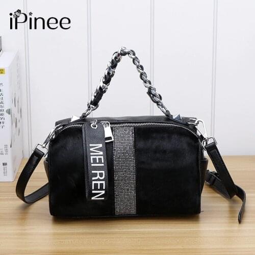 IPinee Natural Horse Fur Messenger Bag Chian Women High Quality Rhinestone Messenger Bag Female Leather Shoulder Bag