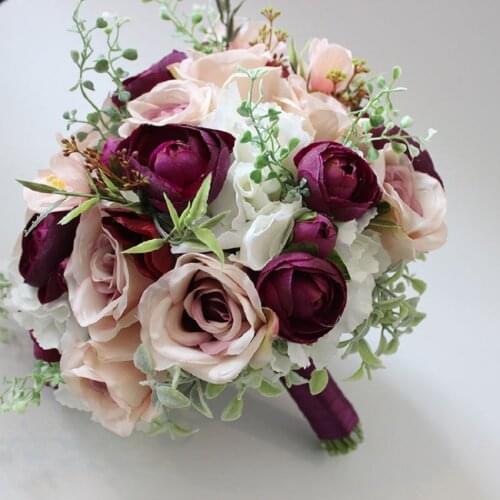 Purple Wedding Bouquet Crystal Silk Roses Bridal Wedding Hand Bouquet Bridesmaid Holding Artificial Fake Flowers PH039