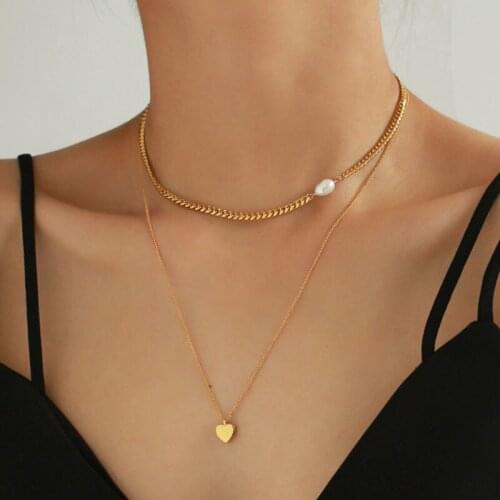 GSOLD 2021 Fashion Classic Brass Chain Pearl Choker Geometric Heart Pendant Stackable Necklace Sweet Jewelry For Women Girls