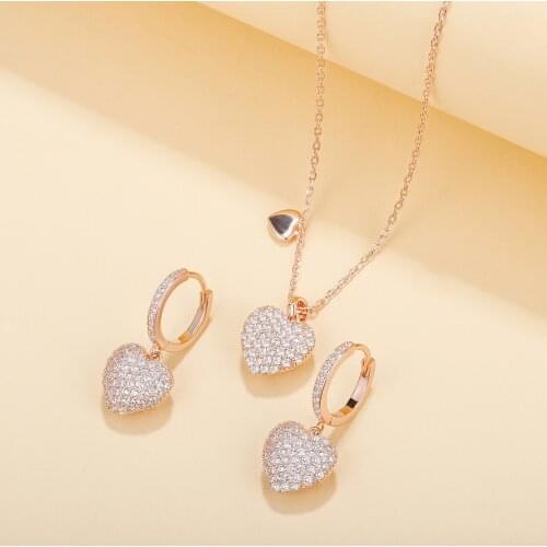 Clear Cubic Zirconia Heart Drop Earrings Necklace Set For Women Rose Gold Small Hoop Earring Girls Party Gift Fashion