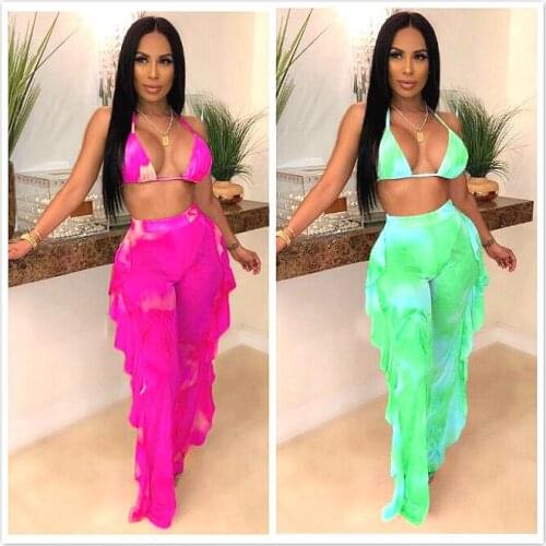 Tie Dye Print Mesh Summer Beach braTwo Piece Set with Panties Women Sexy Bra Halter Crop Top Ruffle Wide Leg Pants Clubwear