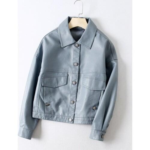 Korean Beige Short Faux Leather Jacket Loose Casual Women Outerwear Fall Plus size Lady Single-breasted Motorcycle Biker Jacket