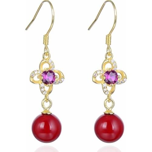 Fashion Women 925 Sterling Silver Inlaid Synthetic Beaded Long Retro Cross-Border Earrings Jewelry Accessories