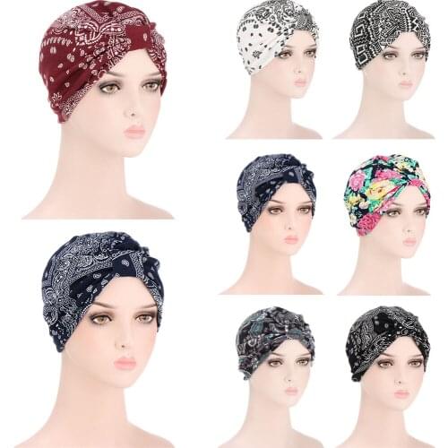 Trendy Print Lady Turban Bonnet Soft Stretch Flowers India Wrap Head Scarf Inner Hijabs for Women Muslim Headdress Hijab Caps